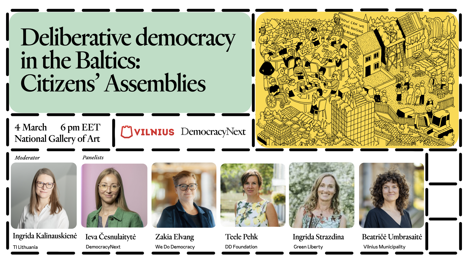 Cover image of the Deliberative Democracy in the Baltics event with title and panelist pictures